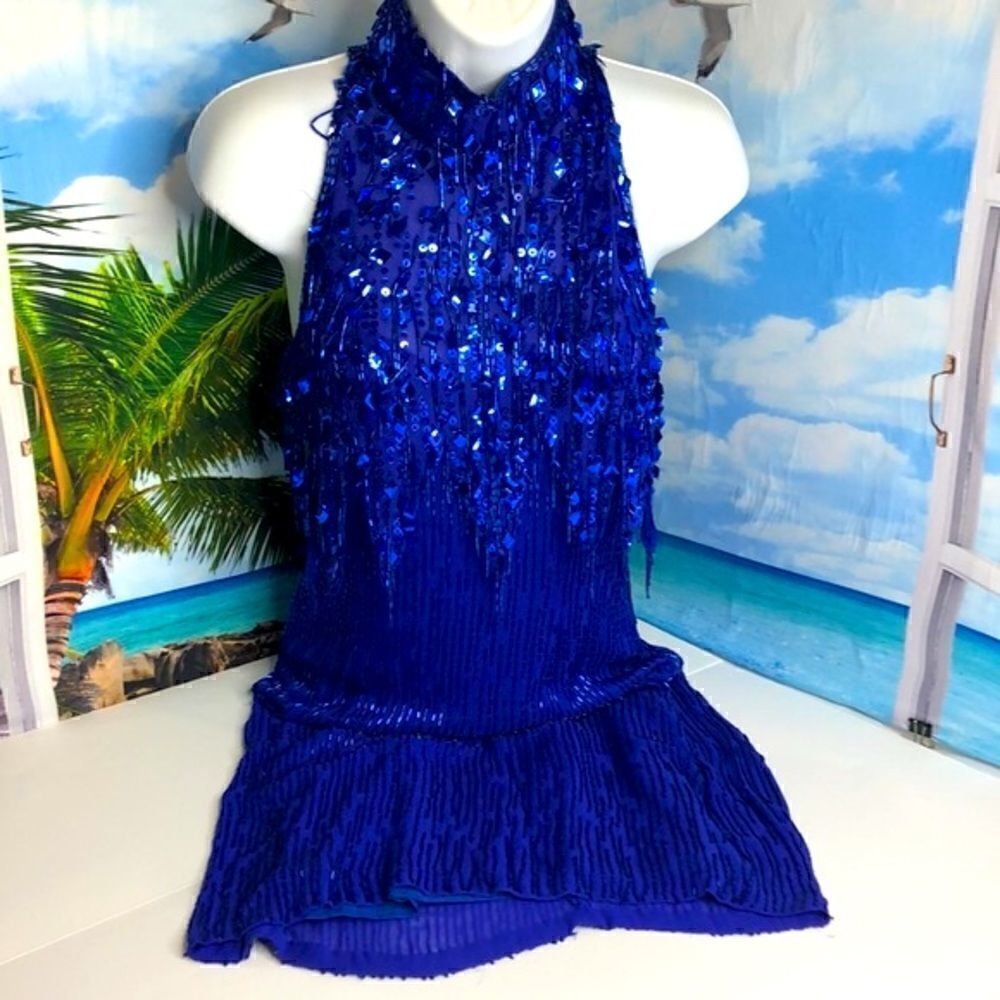 NiteLine by Della Roufogali Blue Silk Beaded Evening Gown Vintage Formal Dress 6